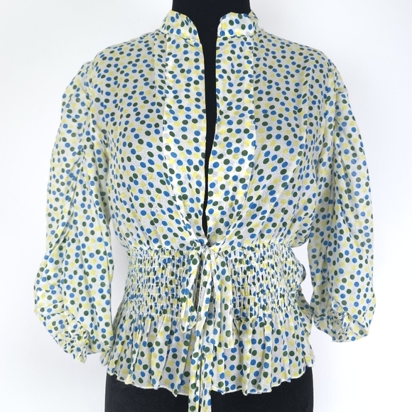 Tops - Gracia Silk Cotton Blend Gathered Waist Polkadot Light weight Blouse Small
